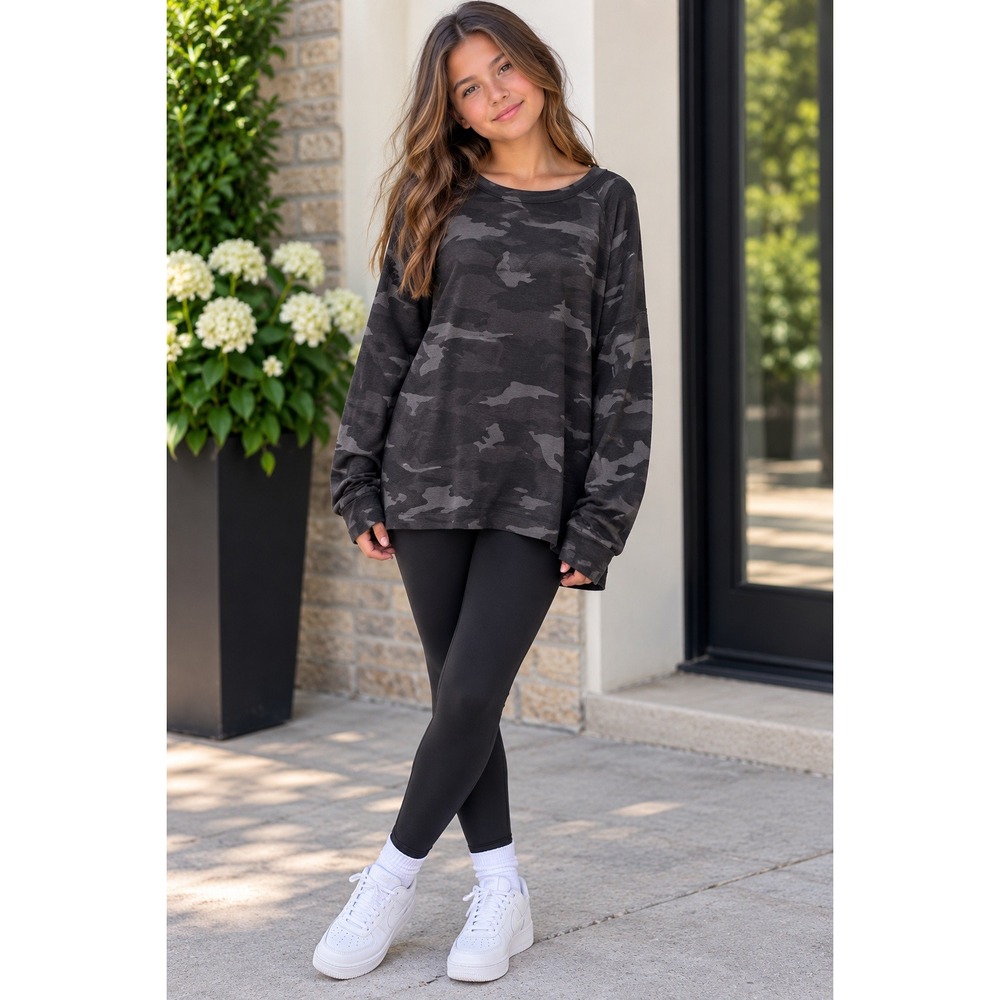 Athleta Girl Camo Crossover Back Sweatshirt Charcoal Grey XXL 16 Thumbholes